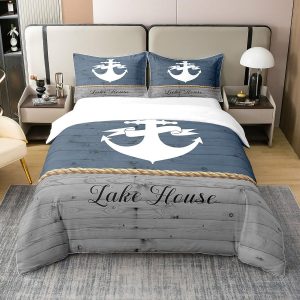 Lake House Duvet Cover Set 100% Natural Cotton Twin Size Nautical Anchor Print Ocean Style Super Soft Bedding Set 2 PCS Rustic Farmhouse Wooden Board Cotton Comforter Cover for Bedroom Decor