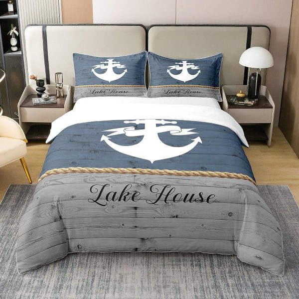 Lake House Duvet Cover Set 100% Natural Cotton Twin Size Nautical Anchor Print Ocean Style Super Soft Bedding Set 2 PCS Rustic Farmhouse Wooden Board Cotton Comforter Cover for Bedroom Decor