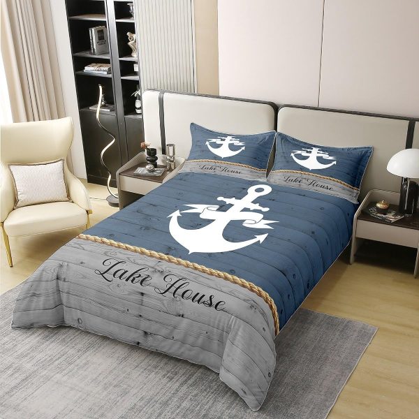 Lake House Duvet Cover Set 100% Natural Cotton Twin Size Nautical Anchor Print Ocean Style Super Soft Bedding Set 2 PCS Rustic Farmhouse Wooden Board Cotton Comforter Cover for Bedroom Decor - Image 2