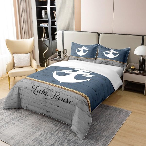 Lake House Duvet Cover Set 100% Natural Cotton Twin Size Nautical Anchor Print Ocean Style Super Soft Bedding Set 2 PCS Rustic Farmhouse Wooden Board Cotton Comforter Cover for Bedroom Decor - Image 3
