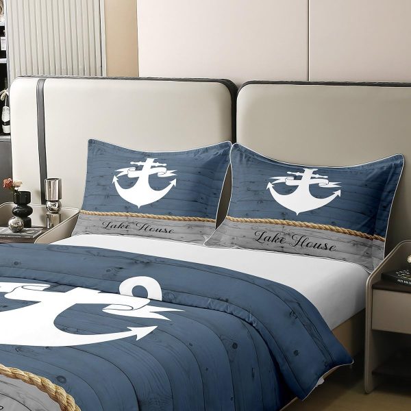 Lake House Duvet Cover Set 100% Natural Cotton Twin Size Nautical Anchor Print Ocean Style Super Soft Bedding Set 2 PCS Rustic Farmhouse Wooden Board Cotton Comforter Cover for Bedroom Decor - Image 4