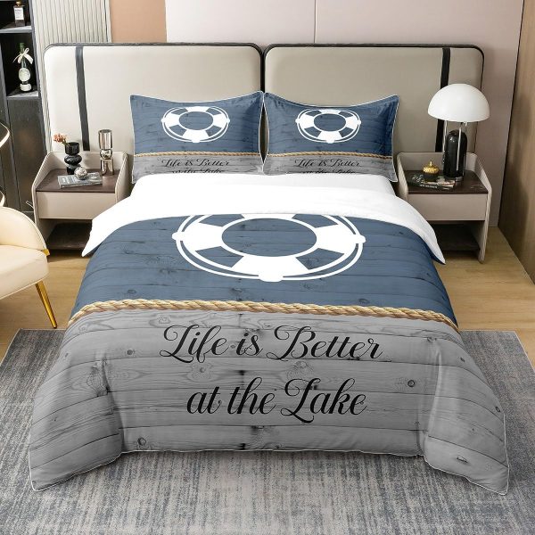 Lake House Duvet Cover Set 100% Natural Cotton Twin Size Nautical Anchor Print Ocean Style Super Soft Bedding Set 2 PCS Rustic Farmhouse Wooden Board Cotton Comforter Cover for Bedroom Decor - Image 8