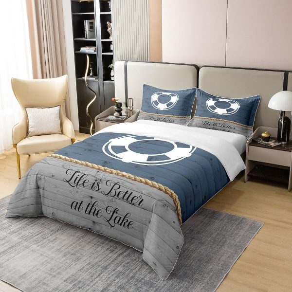 Lake House Duvet Cover Set 100% Natural Cotton Twin Size Nautical Anchor Print Ocean Style Super Soft Bedding Set 2 PCS Rustic Farmhouse Wooden Board Cotton Comforter Cover for Bedroom Decor - Image 10