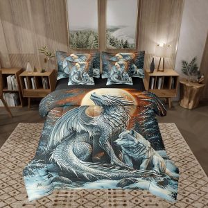 Castle Fairy Dragon Wolf Bedding Set,3D Western Wildlife Queen Comforter Set with Sheets for Kids Boys Girls Teens Room Decor,Magical Jungle Animal Bed in a Bag 7 Piece for Bedroom Living Room