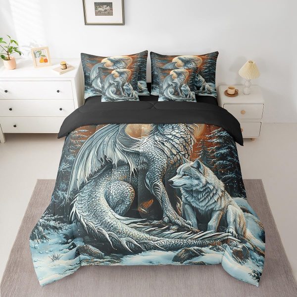 Castle Fairy Dragon Wolf Bedding Set,3D Western Wildlife Queen Comforter Set with Sheets for Kids Boys Girls Teens Room Decor,Magical Jungle Animal Bed in a Bag 7 Piece for Bedroom Living Room - Image 2