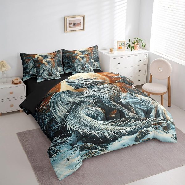 Castle Fairy Dragon Wolf Bedding Set,3D Western Wildlife Queen Comforter Set with Sheets for Kids Boys Girls Teens Room Decor,Magical Jungle Animal Bed in a Bag 7 Piece for Bedroom Living Room - Image 3