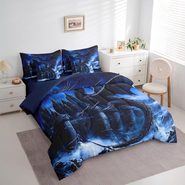 Castle Fairy Dragon Wolf Bedding Set,3D Western Wildlife Queen Comforter Set with Sheets for Kids Boys Girls Teens Room Decor,Magical Jungle Animal Bed in a Bag 7 Piece for Bedroom Living Room - Image 9