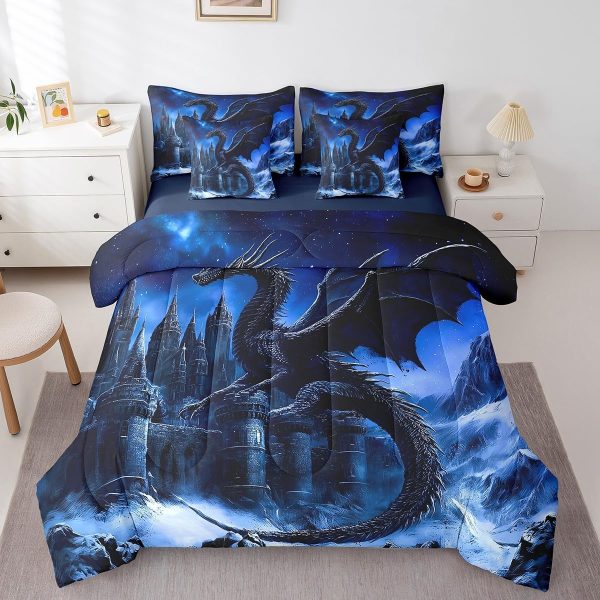 Castle Fairy Dragon Wolf Bedding Set,3D Western Wildlife Queen Comforter Set with Sheets for Kids Boys Girls Teens Room Decor,Magical Jungle Animal Bed in a Bag 7 Piece for Bedroom Living Room - Image 10