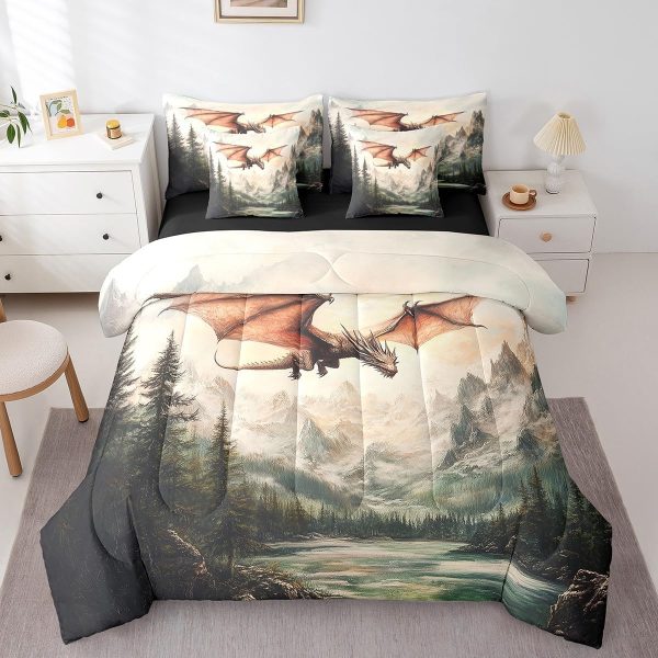 Castle Fairy Dragon Wolf Bedding Set,3D Western Wildlife Queen Comforter Set with Sheets for Kids Boys Girls Teens Room Decor,Magical Jungle Animal Bed in a Bag 7 Piece for Bedroom Living Room - Image 17