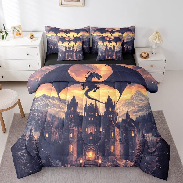 Castle Fairy Dragon Wolf Bedding Set,3D Western Wildlife Queen Comforter Set with Sheets for Kids Boys Girls Teens Room Decor,Magical Jungle Animal Bed in a Bag 7 Piece for Bedroom Living Room - Image 23