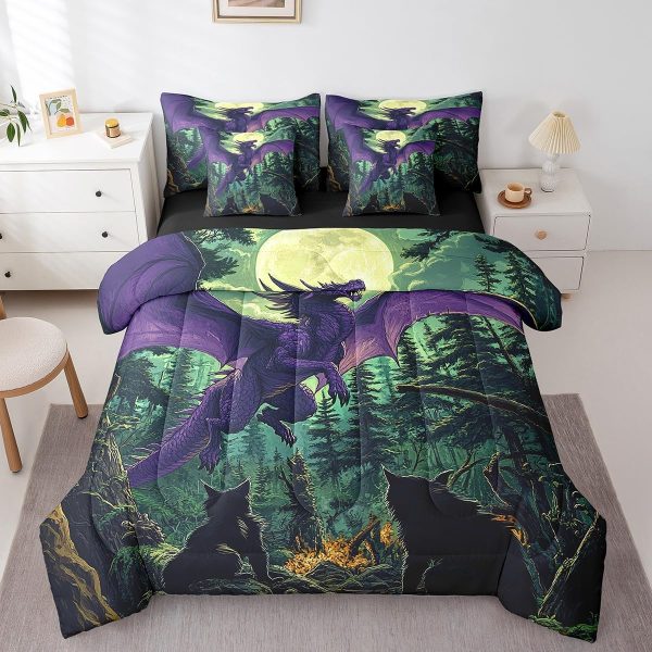 Castle Fairy Dragon Wolf Bedding Set,3D Western Wildlife Queen Comforter Set with Sheets for Kids Boys Girls Teens Room Decor,Magical Jungle Animal Bed in a Bag 7 Piece for Bedroom Living Room - Image 41