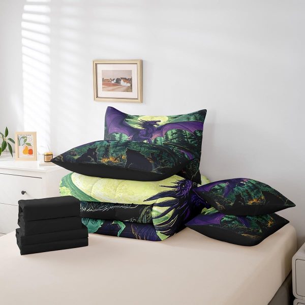 Castle Fairy Dragon Wolf Bedding Set,3D Western Wildlife Queen Comforter Set with Sheets for Kids Boys Girls Teens Room Decor,Magical Jungle Animal Bed in a Bag 7 Piece for Bedroom Living Room - Image 44