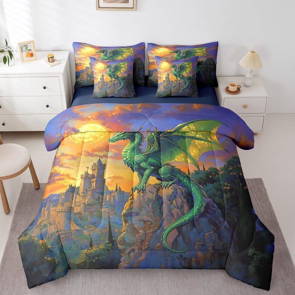 Castle Fairy Dragon Wolf Bedding Set,3D Western Wildlife Queen Comforter Set with Sheets for Kids Boys Girls Teens Room Decor,Magical Jungle Animal Bed in a Bag 7 Piece for Bedroom Living Room - Image 83