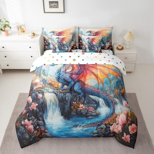 Castle Fairy Dragon Wolf Bedding Set,3D Western Wildlife Queen Comforter Set with Sheets for Kids Boys Girls Teens Room Decor,Magical Jungle Animal Bed in a Bag 7 Piece for Bedroom Living Room - Image 111