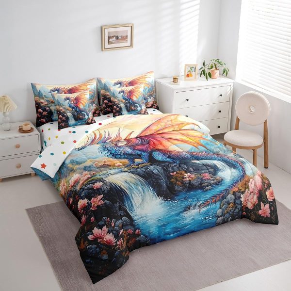 Castle Fairy Dragon Wolf Bedding Set,3D Western Wildlife Queen Comforter Set with Sheets for Kids Boys Girls Teens Room Decor,Magical Jungle Animal Bed in a Bag 7 Piece for Bedroom Living Room - Image 112