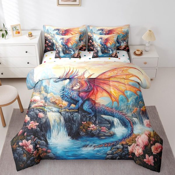 Castle Fairy Dragon Wolf Bedding Set,3D Western Wildlife Queen Comforter Set with Sheets for Kids Boys Girls Teens Room Decor,Magical Jungle Animal Bed in a Bag 7 Piece for Bedroom Living Room - Image 113