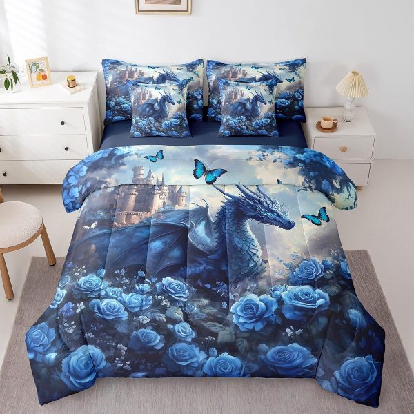 Castle Fairy Dragon Wolf Bedding Set,3D Western Wildlife Queen Comforter Set with Sheets for Kids Boys Girls Teens Room Decor,Magical Jungle Animal Bed in a Bag 7 Piece for Bedroom Living Room - Image 119
