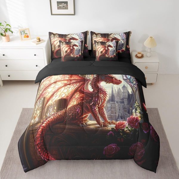 Castle Fairy Dragon Wolf Bedding Set,3D Western Wildlife Queen Comforter Set with Sheets for Kids Boys Girls Teens Room Decor,Magical Jungle Animal Bed in a Bag 7 Piece for Bedroom Living Room - Image 123
