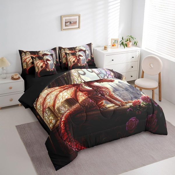 Castle Fairy Dragon Wolf Bedding Set,3D Western Wildlife Queen Comforter Set with Sheets for Kids Boys Girls Teens Room Decor,Magical Jungle Animal Bed in a Bag 7 Piece for Bedroom Living Room - Image 124