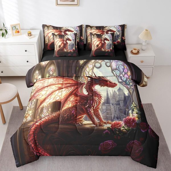 Castle Fairy Dragon Wolf Bedding Set,3D Western Wildlife Queen Comforter Set with Sheets for Kids Boys Girls Teens Room Decor,Magical Jungle Animal Bed in a Bag 7 Piece for Bedroom Living Room - Image 125