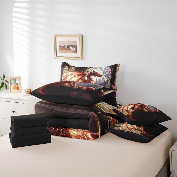 Castle Fairy Dragon Wolf Bedding Set,3D Western Wildlife Queen Comforter Set with Sheets for Kids Boys Girls Teens Room Decor,Magical Jungle Animal Bed in a Bag 7 Piece for Bedroom Living Room - Image 128