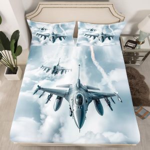 Fighter Plane Fitted Sheet 2 Pcs Cool Silver War Aircraft Kids Bedsheet with Deep Pocket Grey Sky Clouud Sheet Set Soft Polyester Bedding with 1 Pillow Case Twin Size