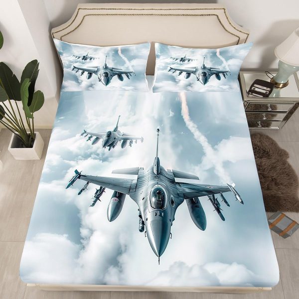 Fighter Plane Fitted Sheet 2 Pcs Cool Silver War Aircraft Kids Bedsheet with Deep Pocket Grey Sky Clouud Sheet Set Soft Polyester Bedding with 1 Pillow Case Twin Size