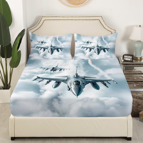 Fighter Plane Fitted Sheet 2 Pcs Cool Silver War Aircraft Kids Bedsheet with Deep Pocket Grey Sky Clouud Sheet Set Soft Polyester Bedding with 1 Pillow Case Twin Size - Image 2