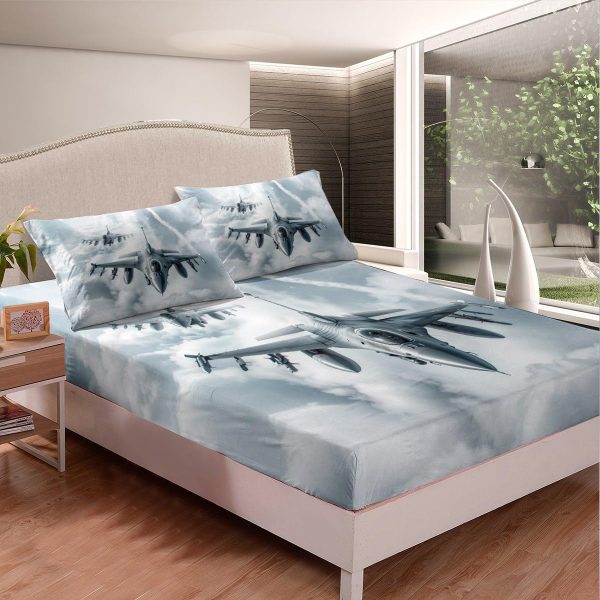 Fighter Plane Fitted Sheet 2 Pcs Cool Silver War Aircraft Kids Bedsheet with Deep Pocket Grey Sky Clouud Sheet Set Soft Polyester Bedding with 1 Pillow Case Twin Size - Image 3