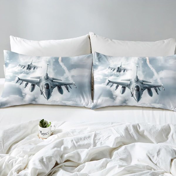 Fighter Plane Fitted Sheet 2 Pcs Cool Silver War Aircraft Kids Bedsheet with Deep Pocket Grey Sky Clouud Sheet Set Soft Polyester Bedding with 1 Pillow Case Twin Size - Image 4