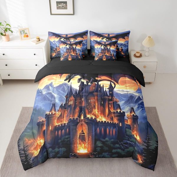 Castle Fairy Dragon Wolf Bedding Set,3D Western Wildlife Queen Comforter Set with Sheets for Kids Boys Girls Teens Room Decor,Magical Jungle Animal Bed in a Bag 7 Piece for Bedroom Living Room - Image 141