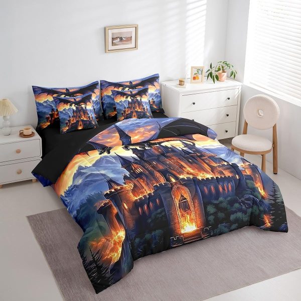 Castle Fairy Dragon Wolf Bedding Set,3D Western Wildlife Queen Comforter Set with Sheets for Kids Boys Girls Teens Room Decor,Magical Jungle Animal Bed in a Bag 7 Piece for Bedroom Living Room - Image 142