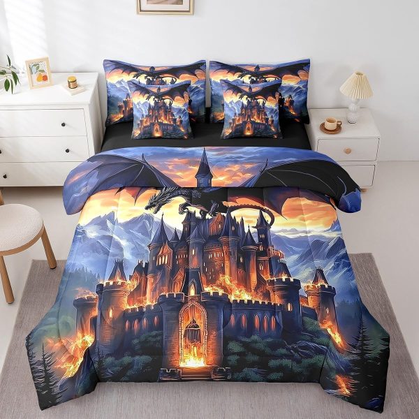 Castle Fairy Dragon Wolf Bedding Set,3D Western Wildlife Queen Comforter Set with Sheets for Kids Boys Girls Teens Room Decor,Magical Jungle Animal Bed in a Bag 7 Piece for Bedroom Living Room - Image 143