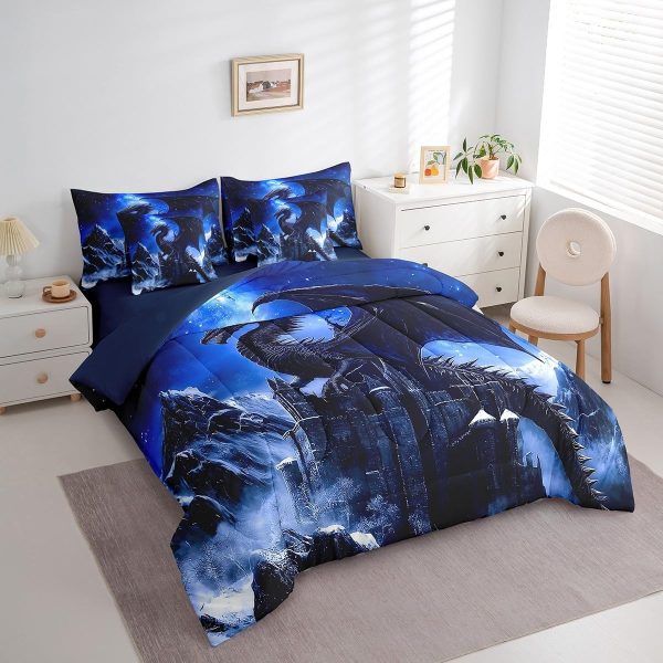 Castle Fairy Dragon Wolf Bedding Set,3D Western Wildlife Queen Comforter Set with Sheets for Kids Boys Girls Teens Room Decor,Magical Jungle Animal Bed in a Bag 7 Piece for Bedroom Living Room - Image 154