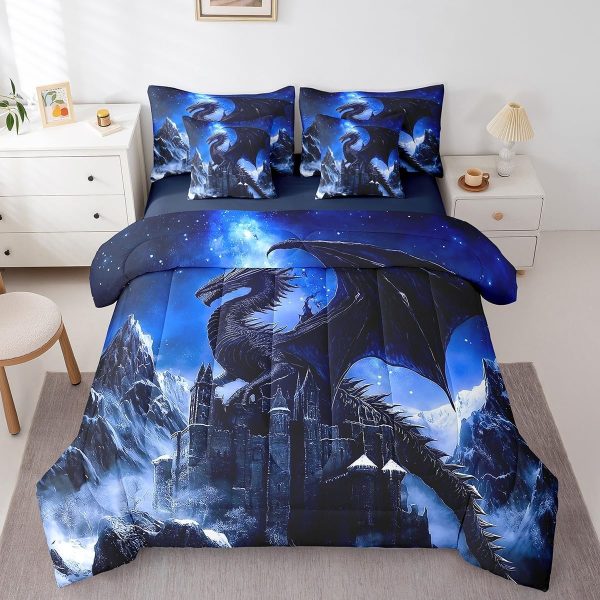 Castle Fairy Dragon Wolf Bedding Set,3D Western Wildlife Queen Comforter Set with Sheets for Kids Boys Girls Teens Room Decor,Magical Jungle Animal Bed in a Bag 7 Piece for Bedroom Living Room - Image 155