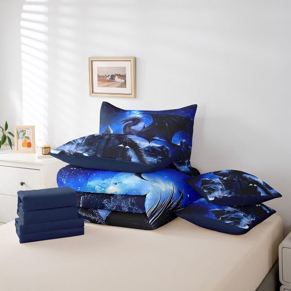 Castle Fairy Dragon Wolf Bedding Set,3D Western Wildlife Queen Comforter Set with Sheets for Kids Boys Girls Teens Room Decor,Magical Jungle Animal Bed in a Bag 7 Piece for Bedroom Living Room - Image 158