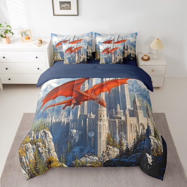 Castle Fairy Dragon Wolf Bedding Set,3D Western Wildlife Queen Comforter Set with Sheets for Kids Boys Girls Teens Room Decor,Magical Jungle Animal Bed in a Bag 7 Piece for Bedroom Living Room - Image 183