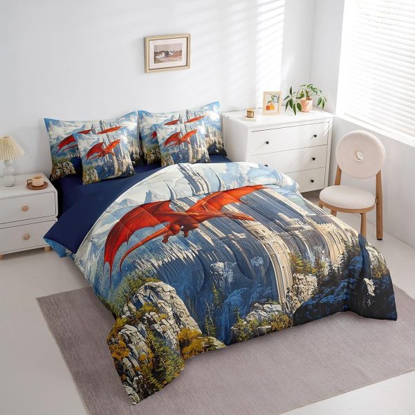 Castle Fairy Dragon Wolf Bedding Set,3D Western Wildlife Queen Comforter Set with Sheets for Kids Boys Girls Teens Room Decor,Magical Jungle Animal Bed in a Bag 7 Piece for Bedroom Living Room - Image 184