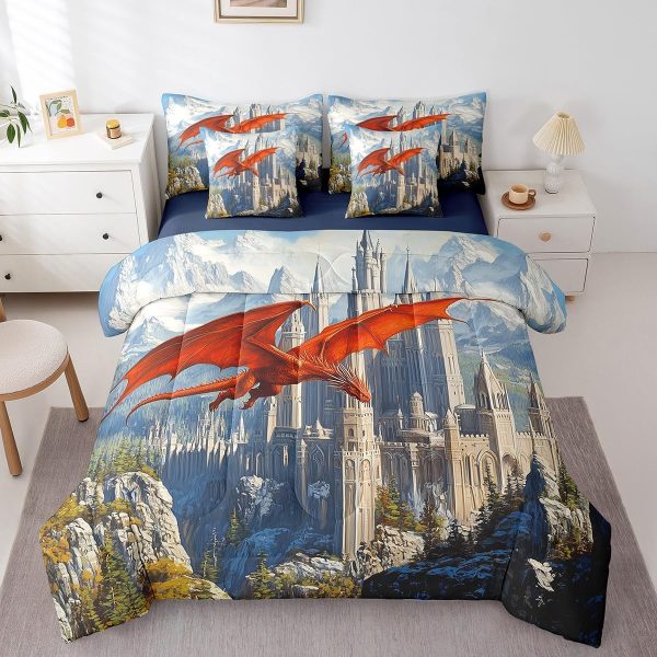 Castle Fairy Dragon Wolf Bedding Set,3D Western Wildlife Queen Comforter Set with Sheets for Kids Boys Girls Teens Room Decor,Magical Jungle Animal Bed in a Bag 7 Piece for Bedroom Living Room - Image 185