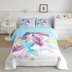 Cute Mermaid Comforter Set Twin Size,Kawaii Unicorn Duvet Insert for Kid Teen Boys Girls Room Decor,Cartoon Rainbow Stars Quilted Duvet,Fairy Tale Theme Quilt Cover with 1 Pillowcase