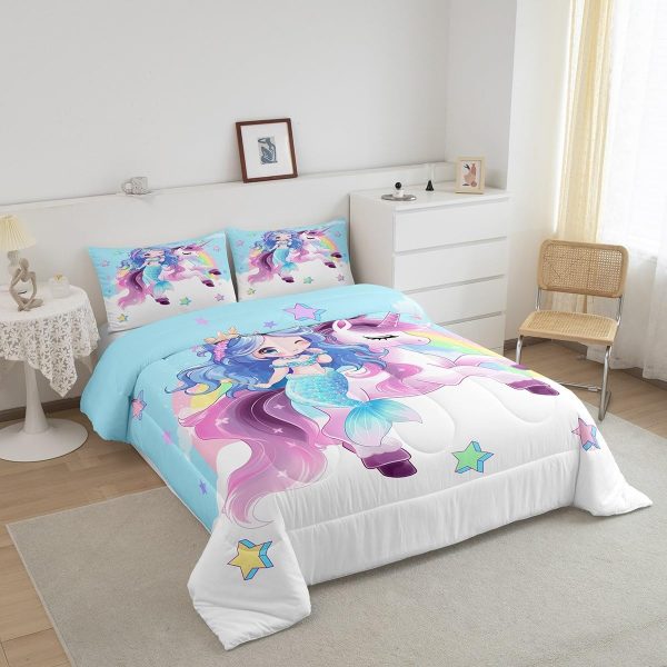 Cute Mermaid Comforter Set Twin Size,Kawaii Unicorn Duvet Insert for Kid Teen Boys Girls Room Decor,Cartoon Rainbow Stars Quilted Duvet,Fairy Tale Theme Quilt Cover with 1 Pillowcase - Image 2