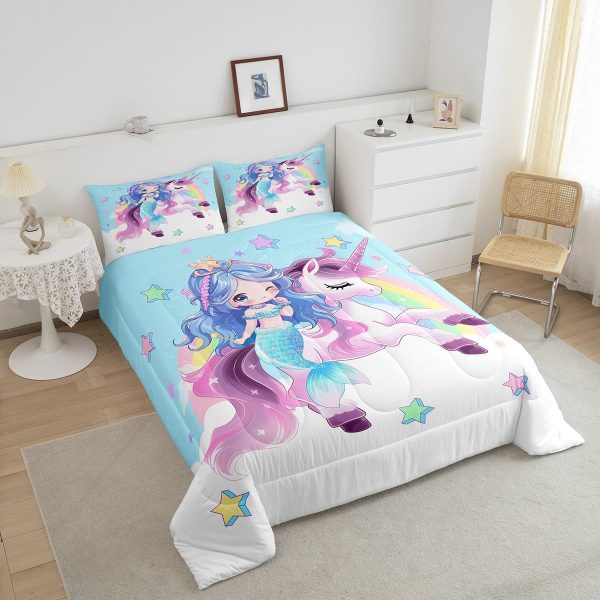 Cute Mermaid Comforter Set Twin Size,Kawaii Unicorn Duvet Insert for Kid Teen Boys Girls Room Decor,Cartoon Rainbow Stars Quilted Duvet,Fairy Tale Theme Quilt Cover with 1 Pillowcase - Image 4
