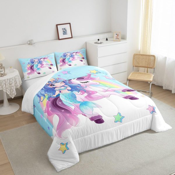 Cute Mermaid Comforter Set Twin Size,Kawaii Unicorn Duvet Insert for Kid Teen Boys Girls Room Decor,Cartoon Rainbow Stars Quilted Duvet,Fairy Tale Theme Quilt Cover with 1 Pillowcase - Image 5