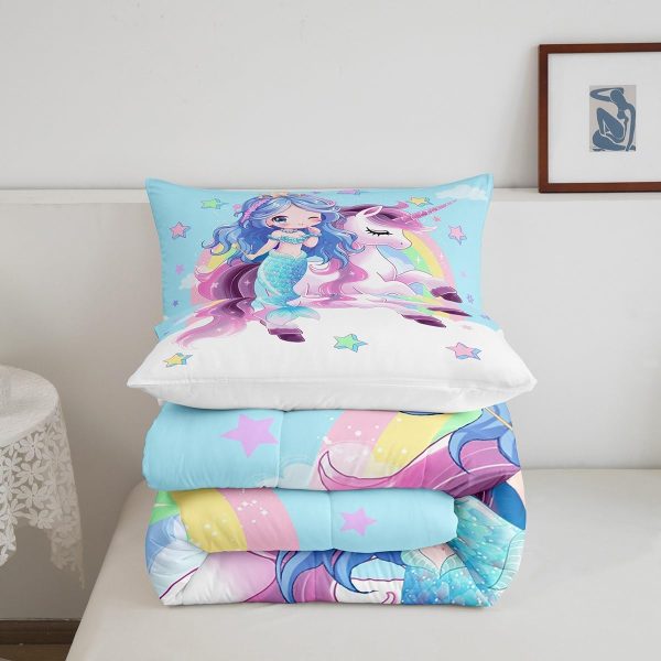 Cute Mermaid Comforter Set Twin Size,Kawaii Unicorn Duvet Insert for Kid Teen Boys Girls Room Decor,Cartoon Rainbow Stars Quilted Duvet,Fairy Tale Theme Quilt Cover with 1 Pillowcase - Image 6