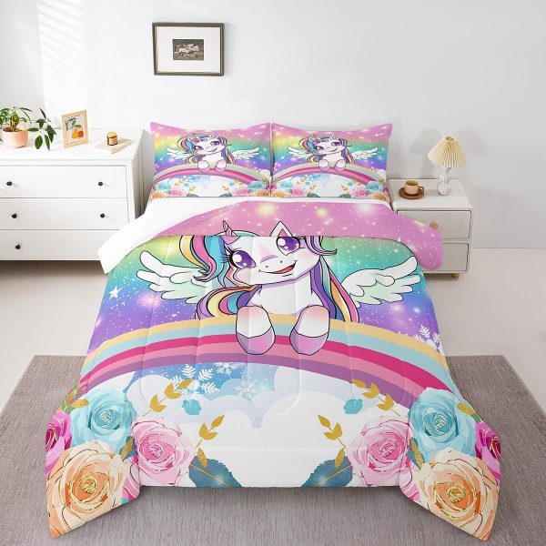 Cute Mermaid Comforter Set Twin Size,Kawaii Unicorn Duvet Insert for Kid Teen Boys Girls Room Decor,Cartoon Rainbow Stars Quilted Duvet,Fairy Tale Theme Quilt Cover with 1 Pillowcase - Image 7