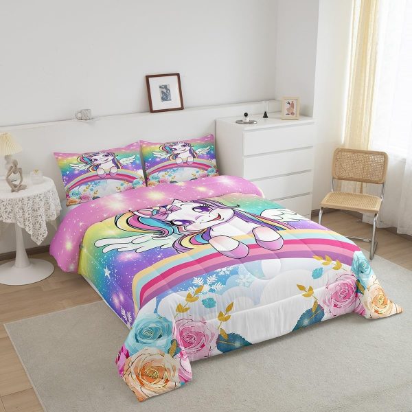 Cute Mermaid Comforter Set Twin Size,Kawaii Unicorn Duvet Insert for Kid Teen Boys Girls Room Decor,Cartoon Rainbow Stars Quilted Duvet,Fairy Tale Theme Quilt Cover with 1 Pillowcase - Image 8