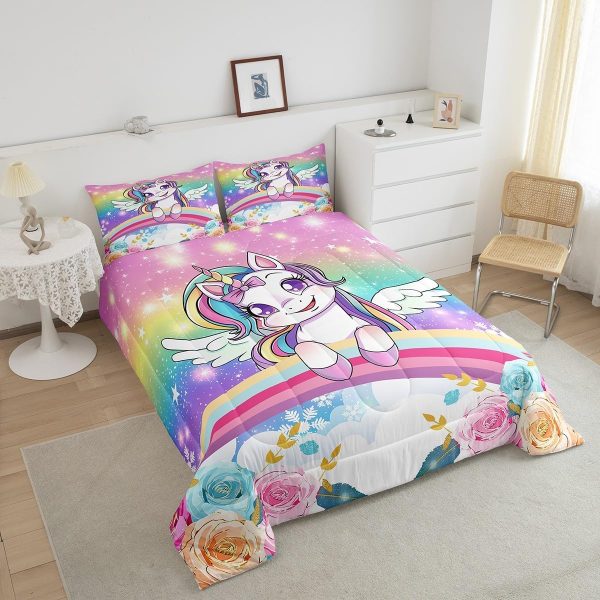 Cute Mermaid Comforter Set Twin Size,Kawaii Unicorn Duvet Insert for Kid Teen Boys Girls Room Decor,Cartoon Rainbow Stars Quilted Duvet,Fairy Tale Theme Quilt Cover with 1 Pillowcase - Image 9