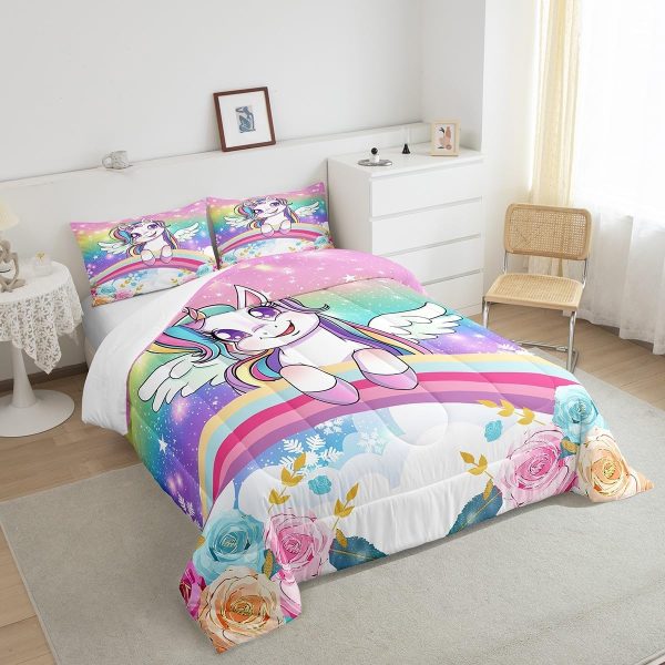 Cute Mermaid Comforter Set Twin Size,Kawaii Unicorn Duvet Insert for Kid Teen Boys Girls Room Decor,Cartoon Rainbow Stars Quilted Duvet,Fairy Tale Theme Quilt Cover with 1 Pillowcase - Image 10