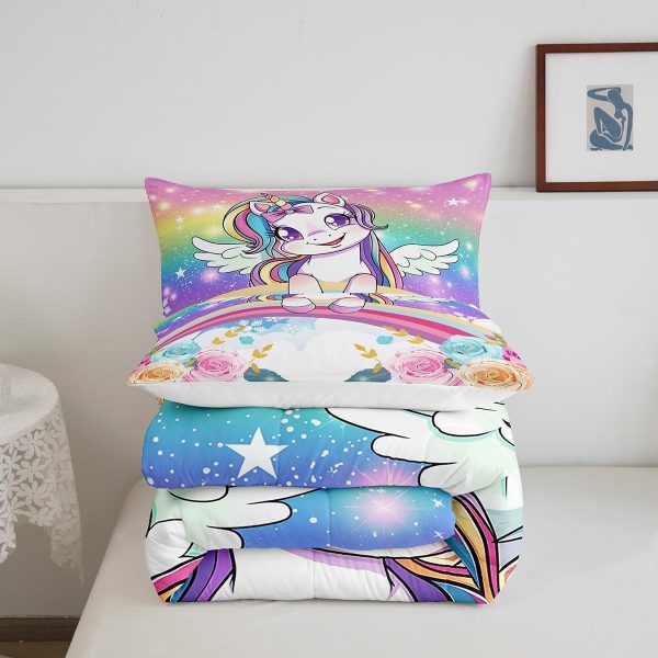 Cute Mermaid Comforter Set Twin Size,Kawaii Unicorn Duvet Insert for Kid Teen Boys Girls Room Decor,Cartoon Rainbow Stars Quilted Duvet,Fairy Tale Theme Quilt Cover with 1 Pillowcase - Image 11