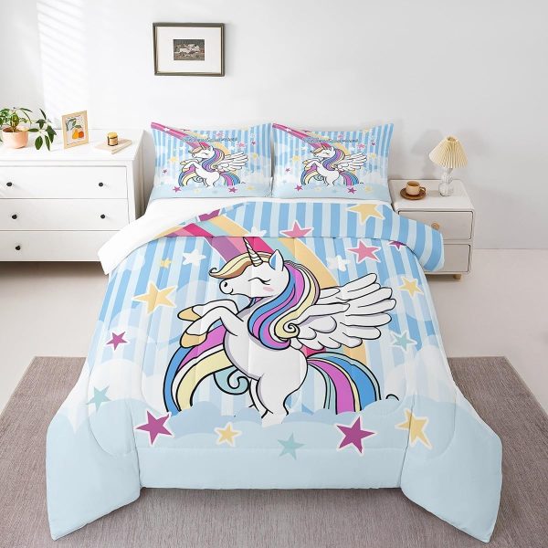 Cute Mermaid Comforter Set Twin Size,Kawaii Unicorn Duvet Insert for Kid Teen Boys Girls Room Decor,Cartoon Rainbow Stars Quilted Duvet,Fairy Tale Theme Quilt Cover with 1 Pillowcase - Image 43